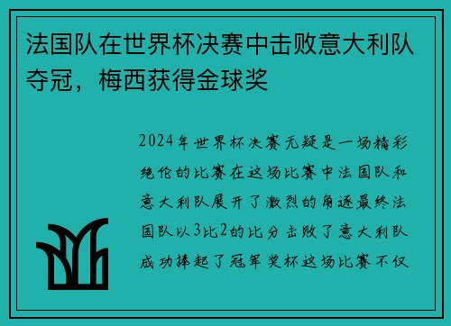法国队在世界杯决赛中击败意大利队夺冠，梅西获得金球奖