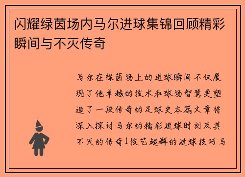 闪耀绿茵场内马尔进球集锦回顾精彩瞬间与不灭传奇