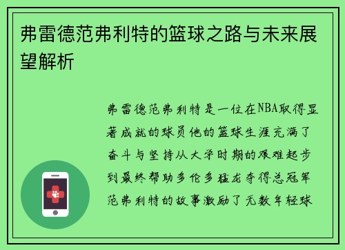 弗雷德范弗利特的篮球之路与未来展望解析