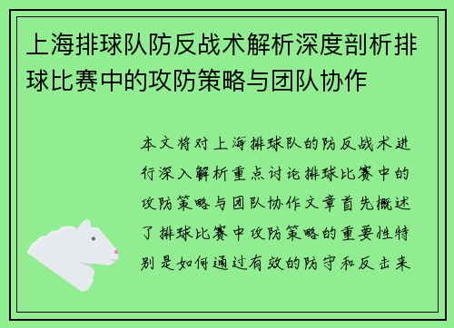 上海排球队防反战术解析深度剖析排球比赛中的攻防策略与团队协作