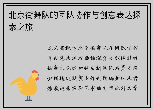 北京街舞队的团队协作与创意表达探索之旅
